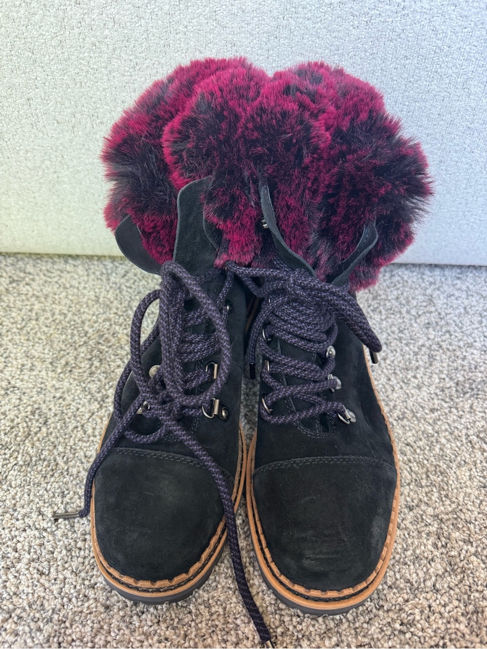 Sam Edelman Black Suede Lace-Up Women's Boots with Burgundy Fur Trim